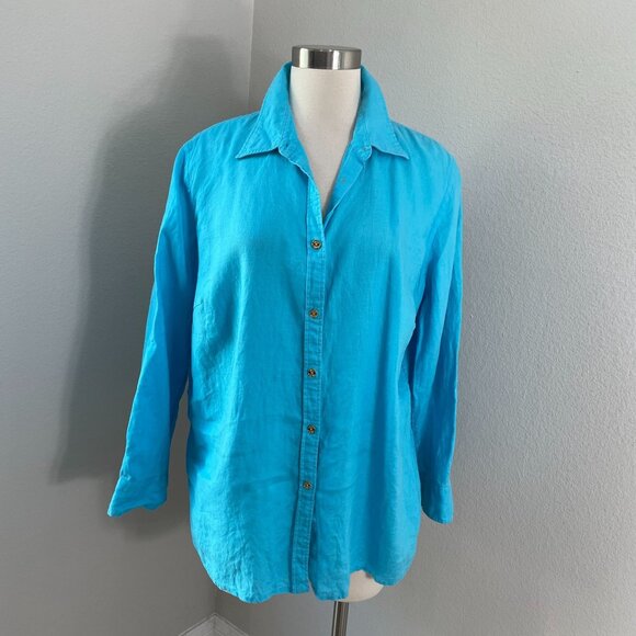 Chaps Classics Womens Plus 1X Blue 100% Linen Button Up Shirt Roll Tab Sleeve - Picture 1 of 9